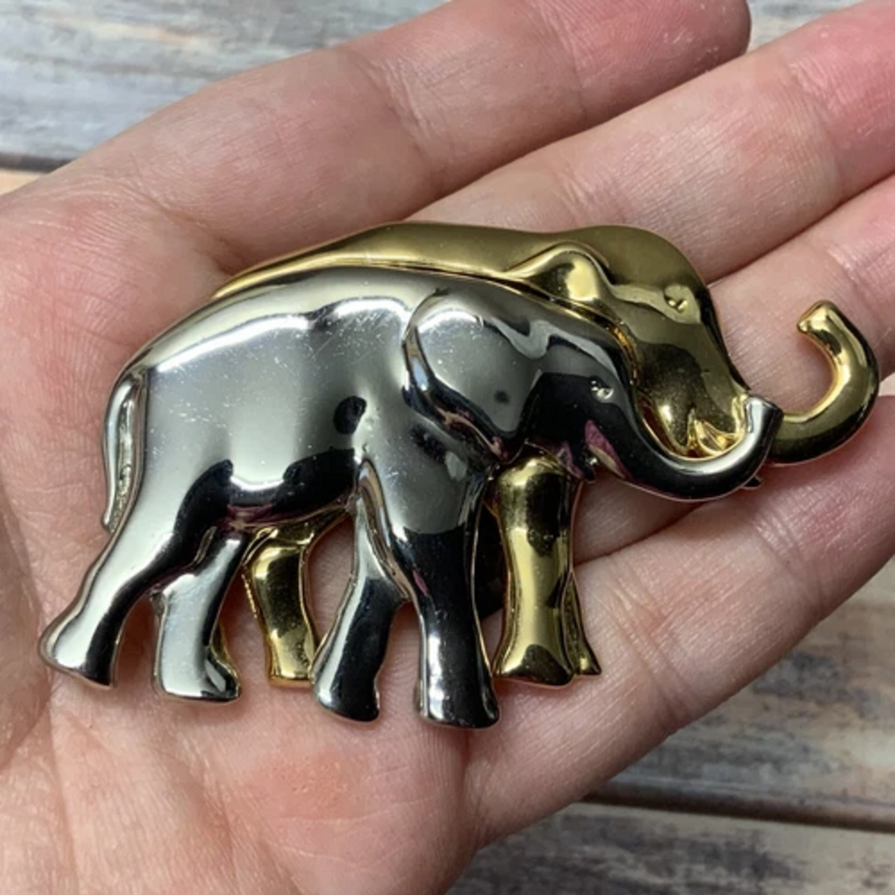 Vintage Liz Claiborne Gold & Silver Tone Elephants Brooch Pin Collectible Clip - Picture 2 of 6